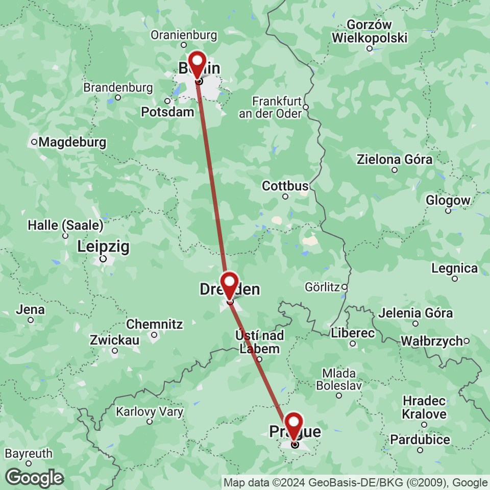 Route for Berlin, Dresden, Prague tour